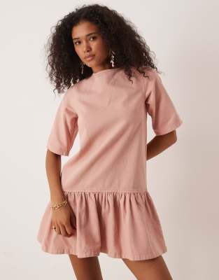 Asos Design Denim T-shirt Mini Dress With Drop Waist
