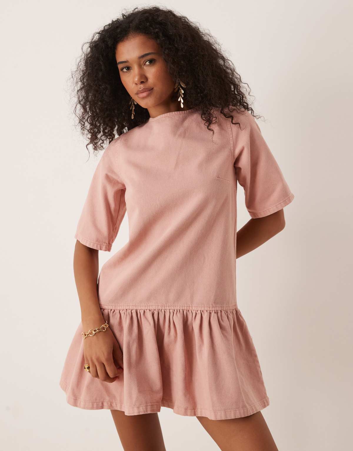 ASOS DESIGN denim t-shirt mini dress with drop waist in pink