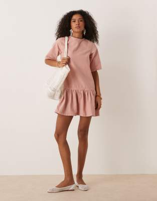 Asos Design Denim T-shirt Mini Dress With Drop Waist