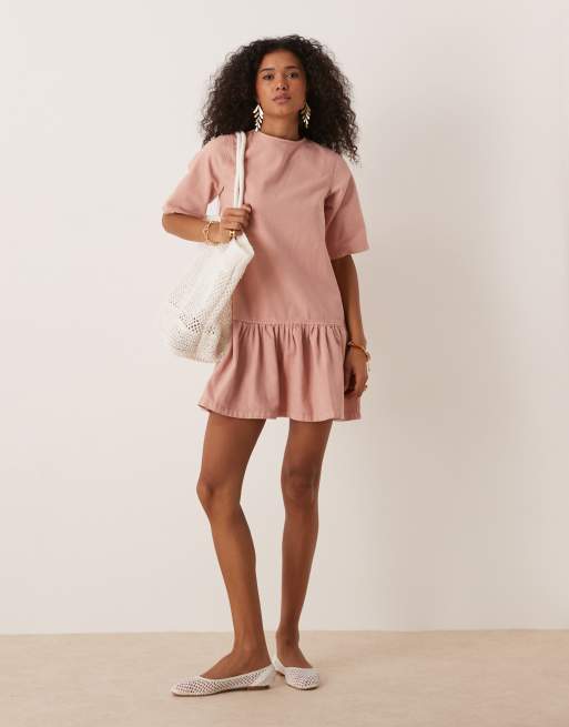 ASOS DESIGN denim t-shirt mini dress with drop waist in pink, 2 of 4