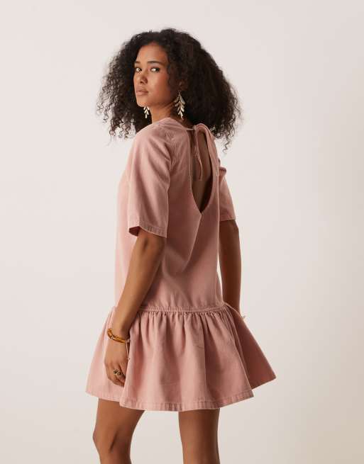 ASOS DESIGN denim t-shirt mini dress with drop waist in pink, 4 of 4