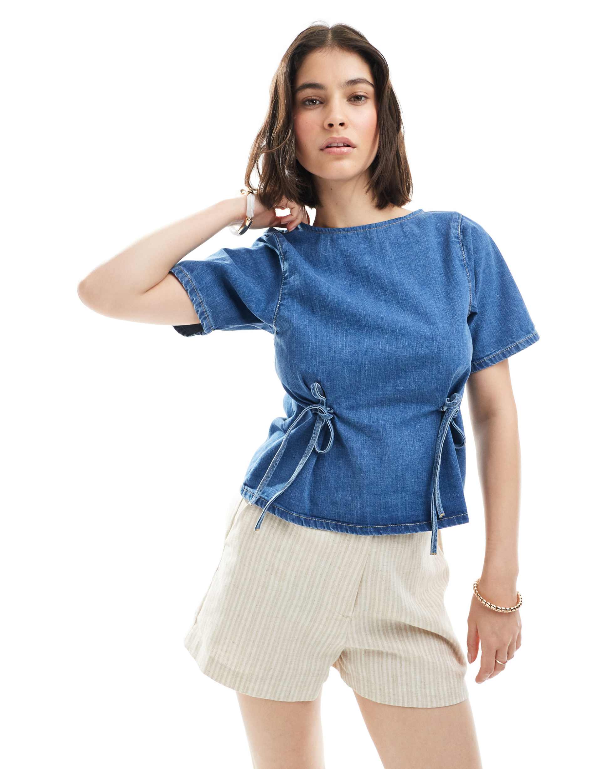 asos design denim t-shirt with cinched waist ties in mid-blue