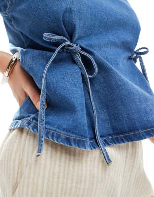 Asos Design Denim T-shirt With Cinched Waist Ties In Blue