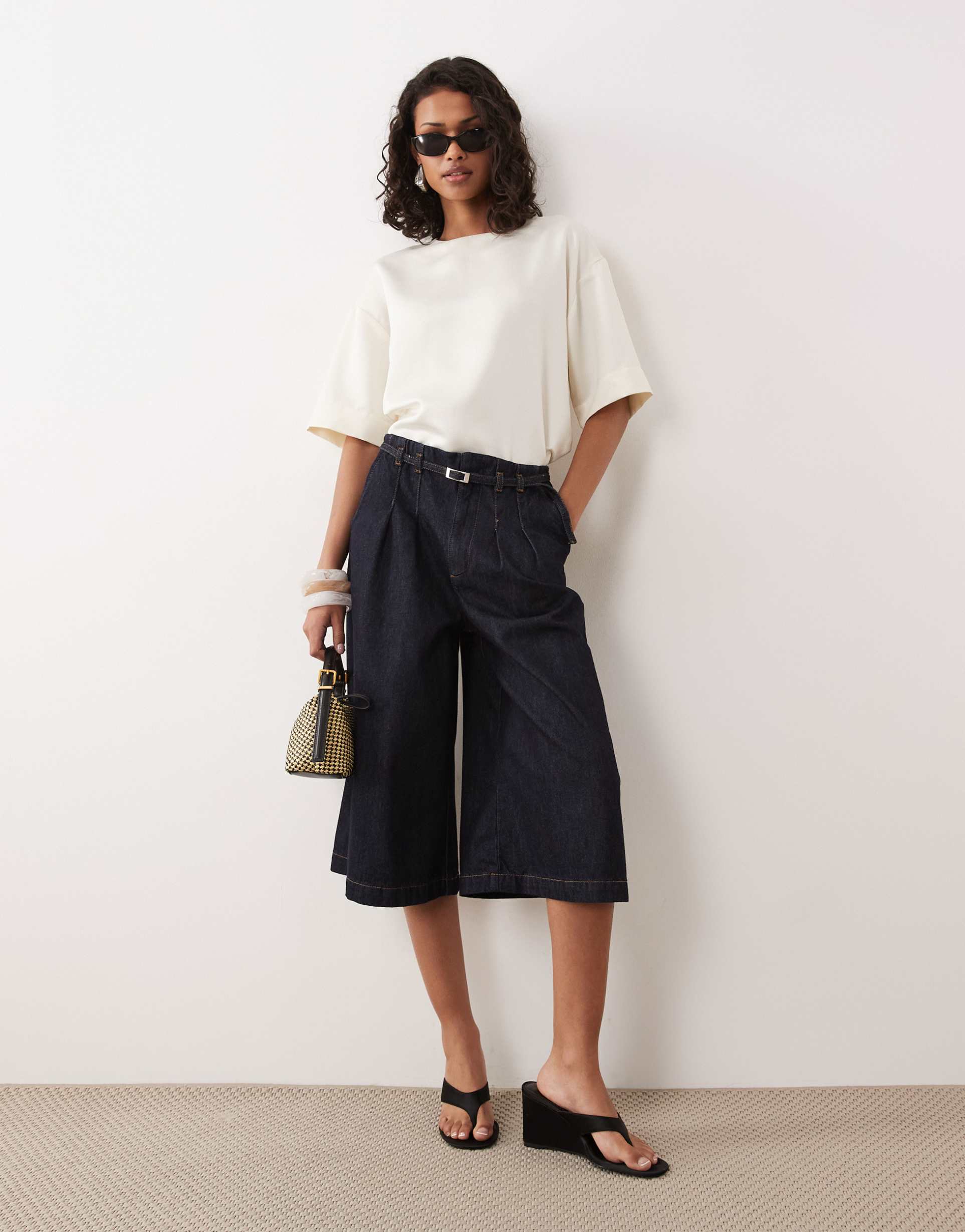 asos design denim tailored culotte in rinse wash with belt detail