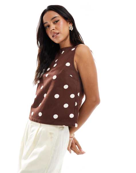 ASOS DESIGN denim tank top in brown polka dot