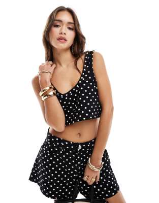 Asos Design Denim Tank Top Top In Polka Dot Print - Part Of A Set-black