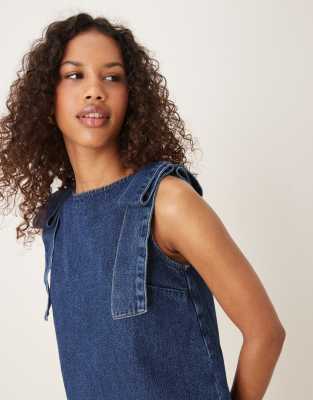 Asos Design Denim Tank Top With Bow Shoulders-navy In Blue