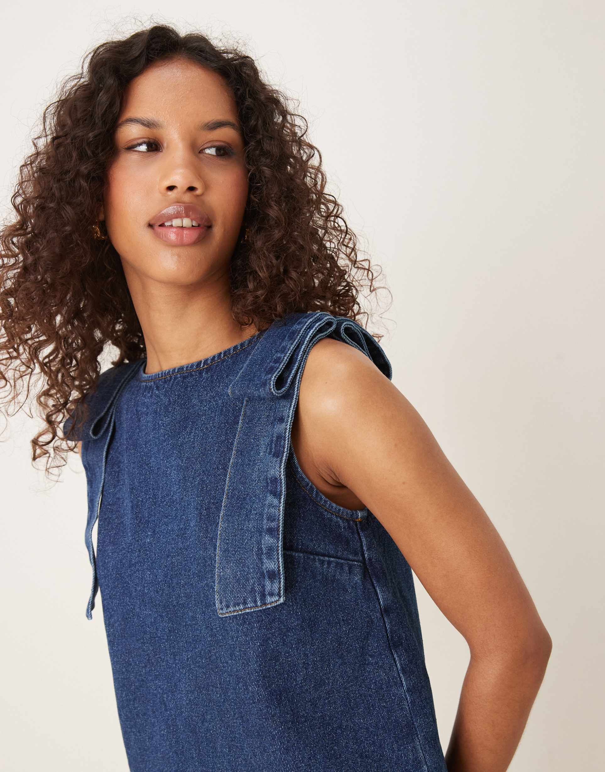 asos design denim tank top with bow shoulders