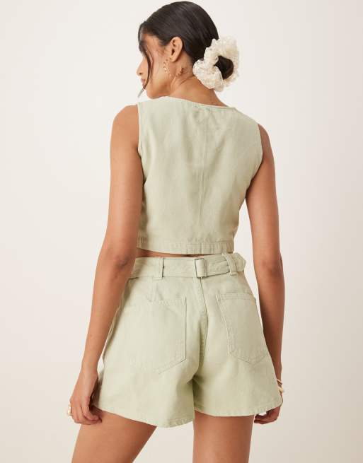 ASOS DESIGN denim tank top with button front in pistachio - part of a set
