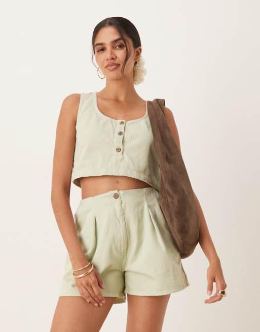 ASOS DESIGN denim tank top with button front in pistachio - part of a set