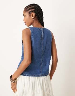Asos Design Denim Tank Top With Cinch Waist Ties