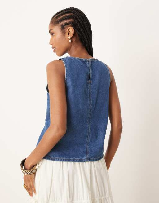 ASOS DESIGN denim tank top with cinch waist ties in mid blue, 2 of 4