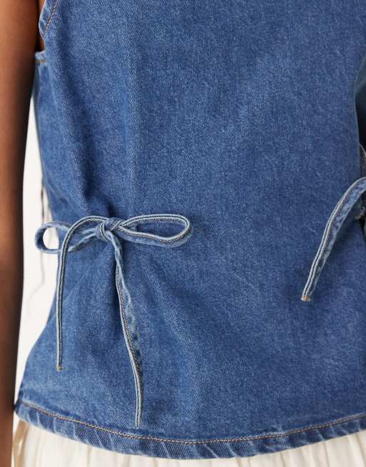 ASOS DESIGN denim tank top with cinch waist ties in mid blue, 4 of 4