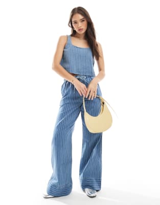 Asos Design Denim Tank Top With Embroidered Stripe In Blue