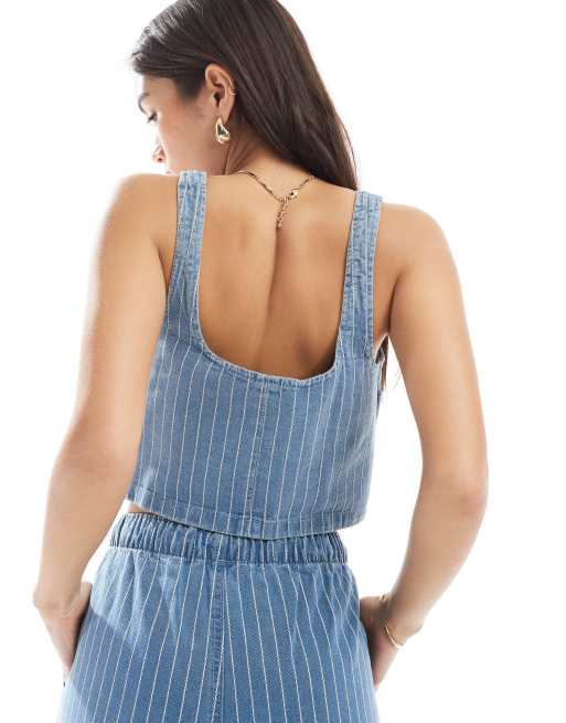 ASOS DESIGN denim tank top with embroidered stripe in blue - part of a set