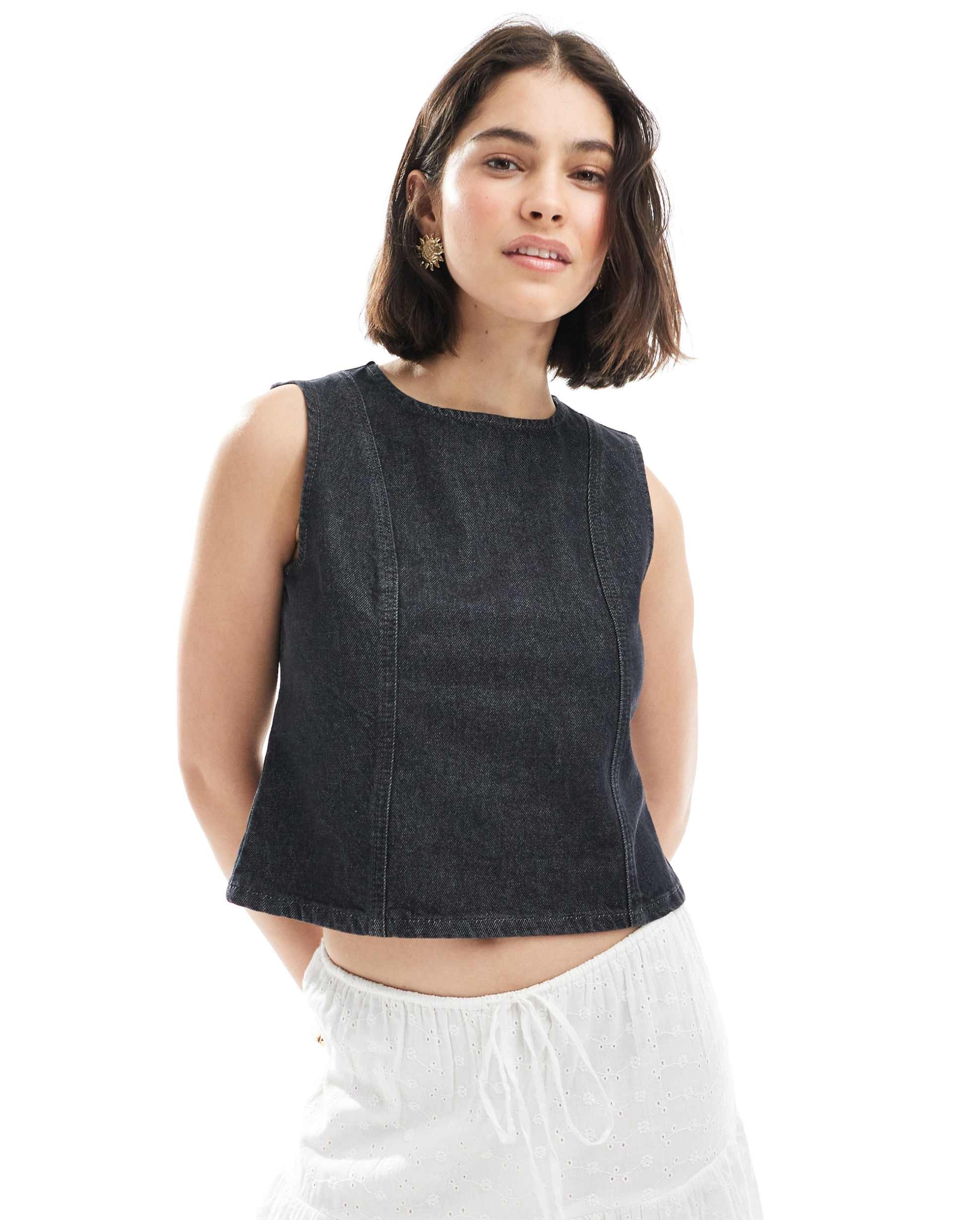 asos design denim tank top with front seams in washed black