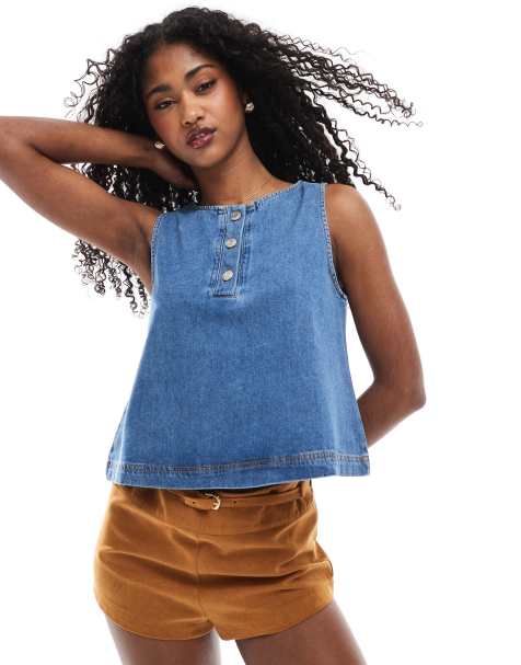 ASOS DESIGN denim tank top with henley button down neck - view 1