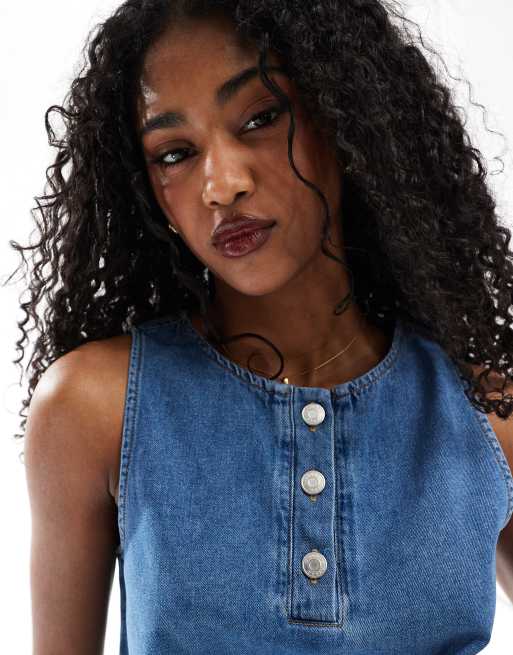 ASOS DESIGN denim tank top with henley button down neck