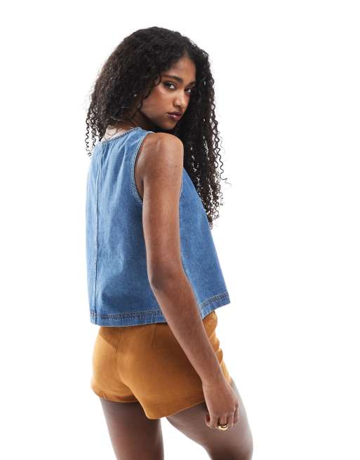 ASOS DESIGN denim tank top with henley button down neck