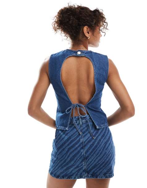 ASOS DESIGN denim tank top with open tie up back in indigo - view 1