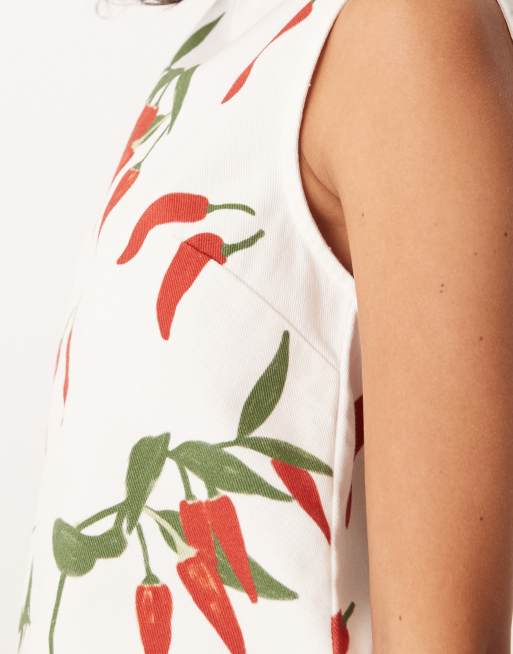ASOS DESIGN denim tank top with slash neck in chili print in ecru, 3 of 4