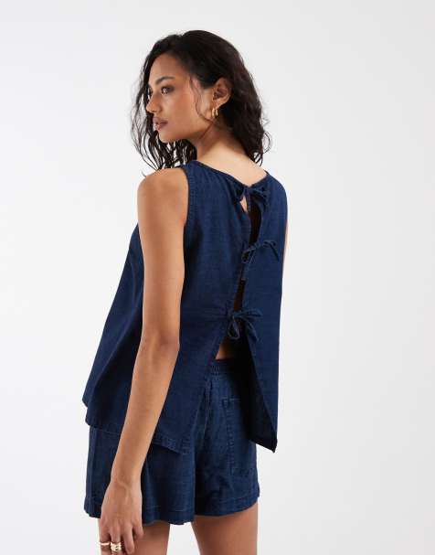 ASOS DESIGN denim tie back shell top in inky wash - part of a set - view 1