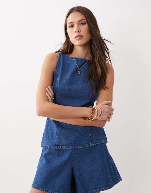 ASOS DESIGN denim tie back top co-ord in mid blue, 3 of 4