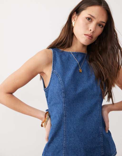 ASOS DESIGN denim tie back top co-ord in mid blue, 4 of 4