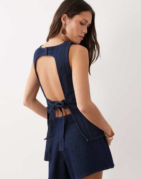 ASOS DESIGN denim tie back top co-ord in rinse - view 1