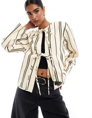 Asos Design Denim Tie Front Long Sleeve Top In Black And White Stripe-multi