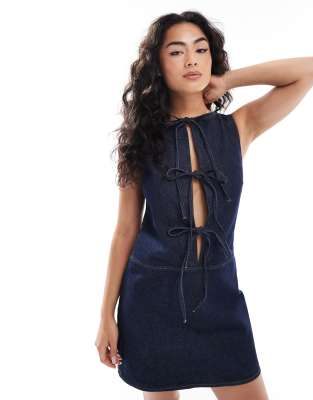 Asos Design Denim Tie Front Shift Dress In Blue