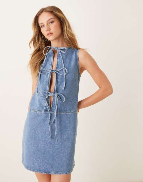 ASOS DESIGN denim tie front shift dress in mid blue - view 1