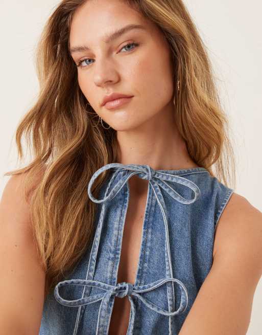 ASOS DESIGN denim tie front shift dress in mid blue