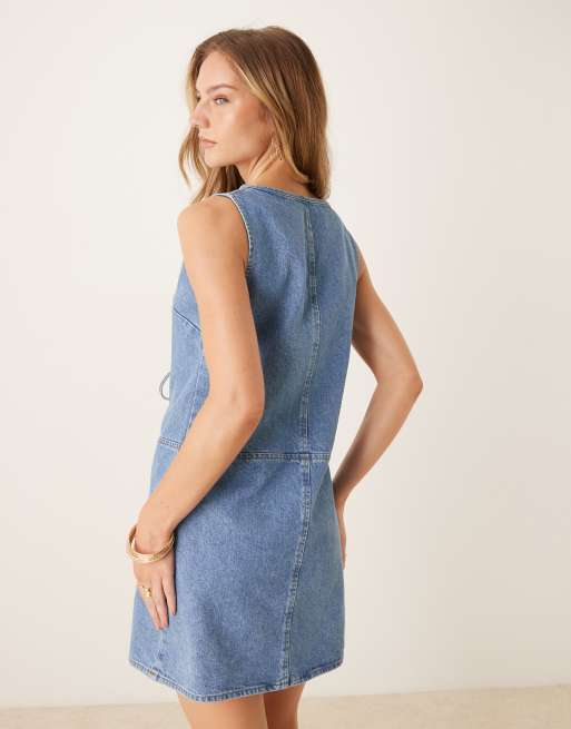 ASOS DESIGN denim tie front shift dress in mid blue