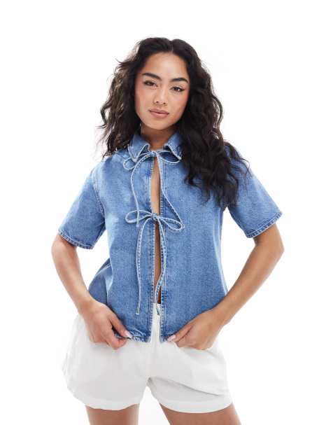 ASOS DESIGN denim tie front short sleeve top in mid blue - view 1