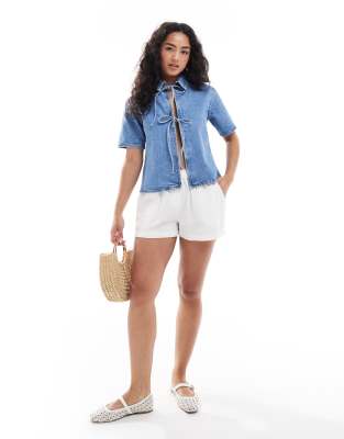 Asos Design Denim Tie Front Short Sleeve Top In Blue