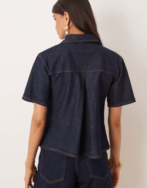 ASOS DESIGN denim tie front short sleeve top in rinse wash