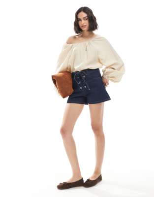 Asos Design Denim Tie Front Shorts In Blue