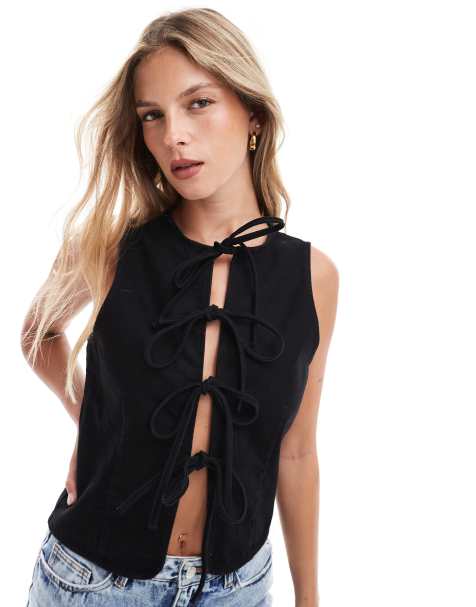 ASOS DESIGN denim tie front top in black - view 1
