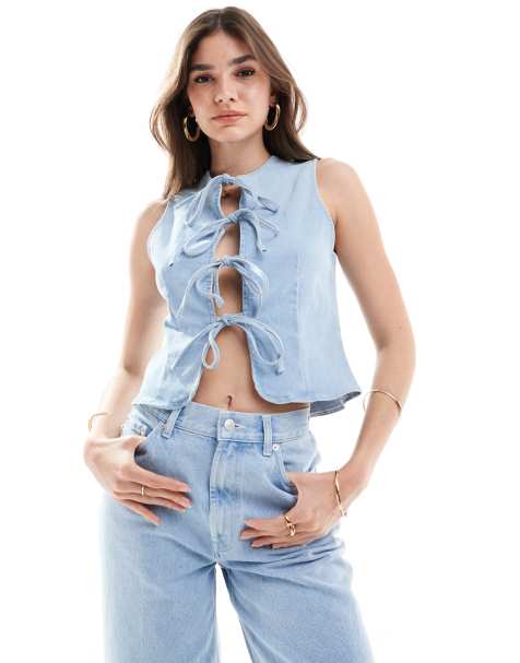 ASOS DESIGN denim tie front top in bleach - view 1