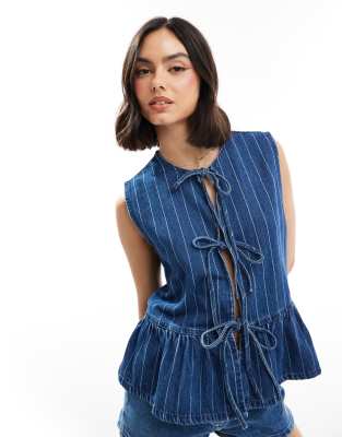 ASOS DESIGN denim tie front top in blue stripe