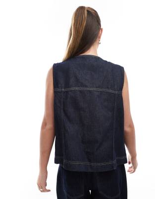 Asos Design Denim Tie Front Vest In Blue