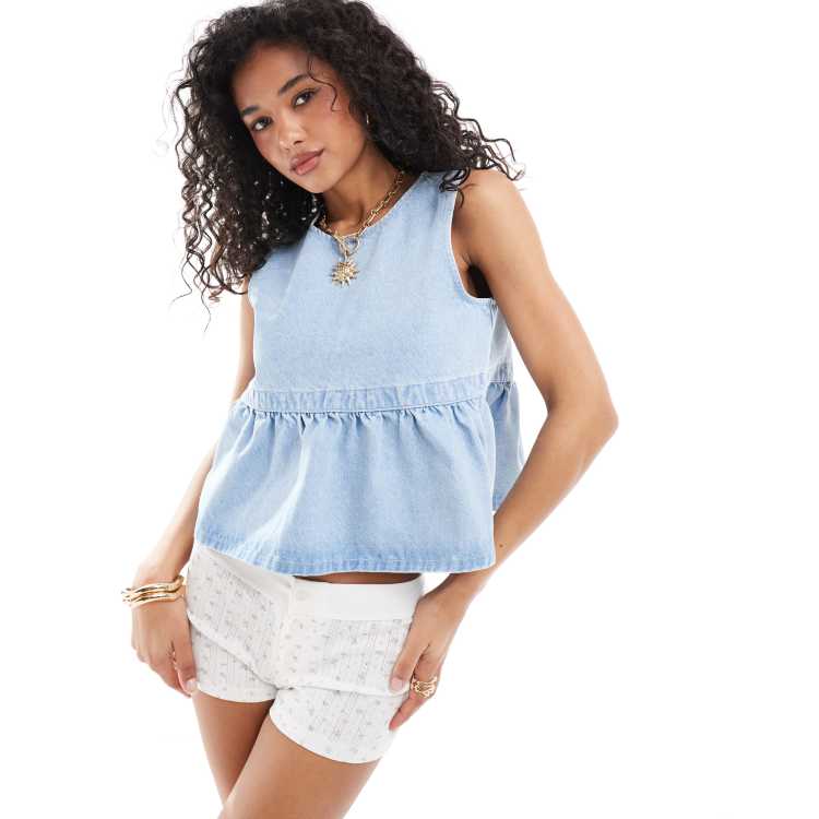 ASOS DESIGN denim tie side peplum top in light blue | ASOS