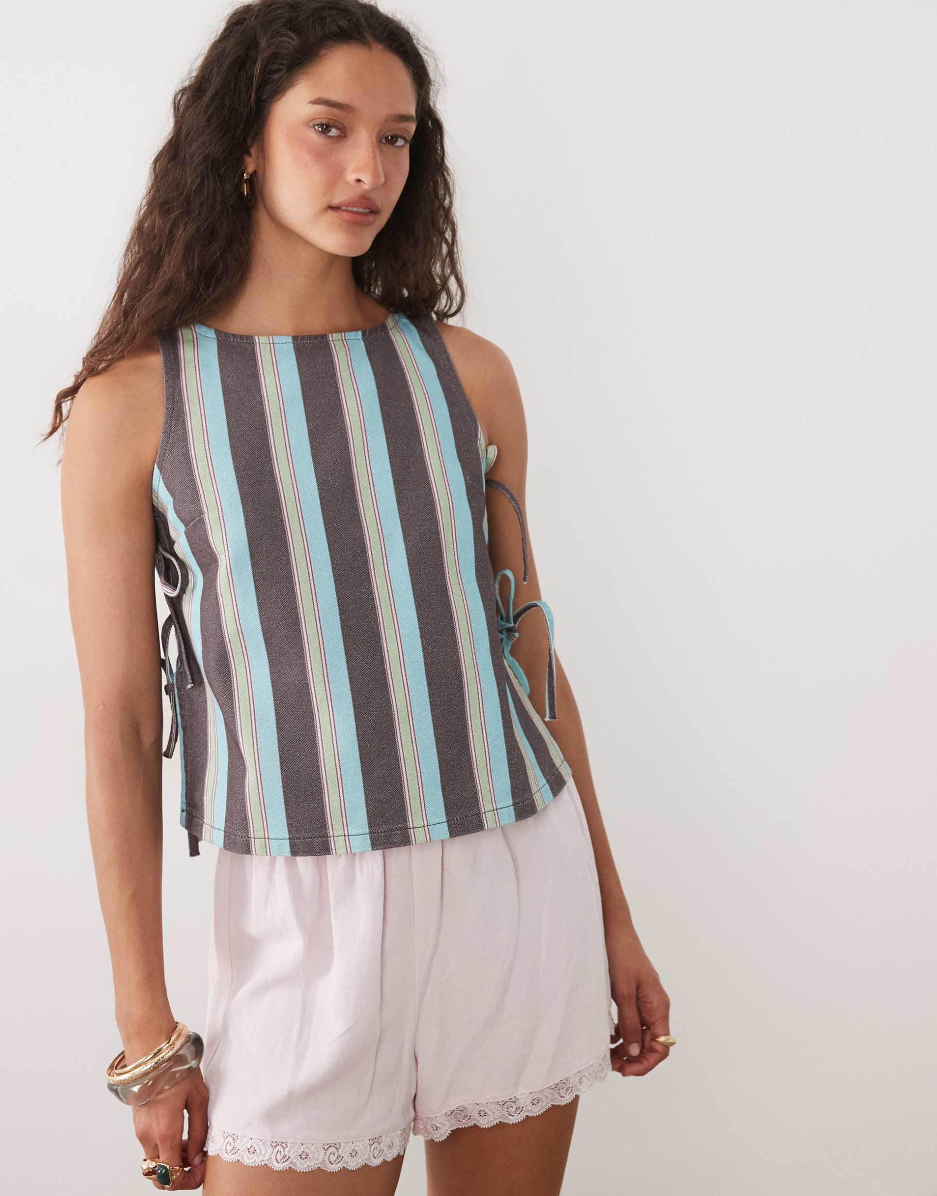 asos design denim tie side tank top in pink and blue stripes