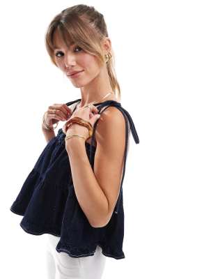 denim tiered cami top in indigo-Blue