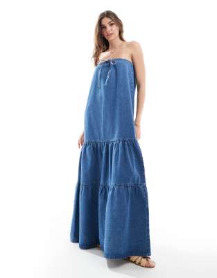 asos design denim tiered maxi dress in mid blue