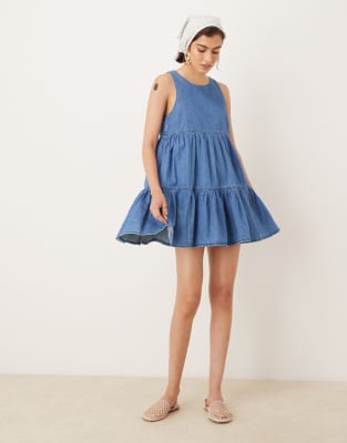 ASOS Design Denim Tiered Mini Dress in Mid Wash Blue