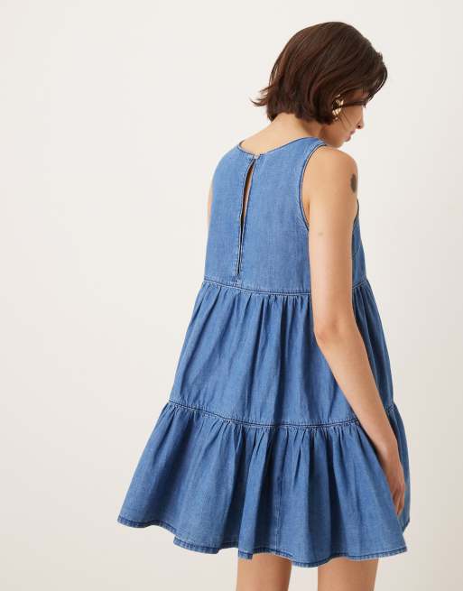 ASOS DESIGN denim tiered mini dress in mid wash blue