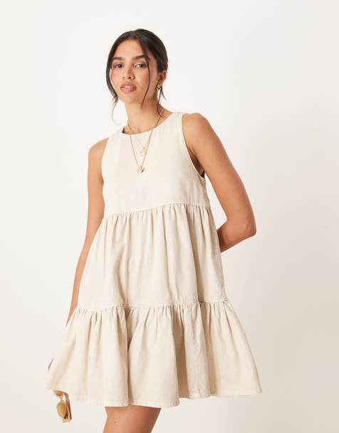 ASOS DESIGN denim tiered mini dress in neutral - view 1