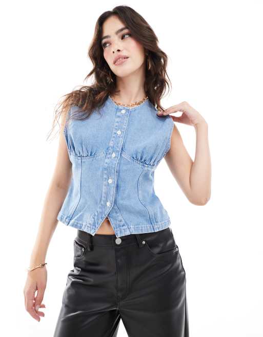 ASOS DESIGN - Denim top met gerimpelde buste in middenblauw